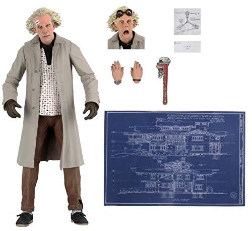 NECA Back to The Future Doc Brown Action Figure Ultimate Version, Wrench, Flux Capacitor Drawing & Blueprint